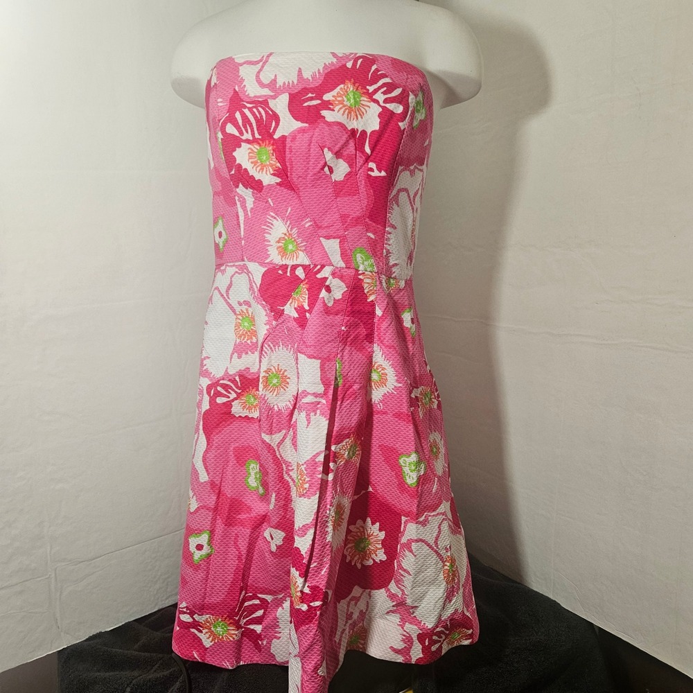 Lilly Pulitzer Hot Pink Cherry Bloom Pleated Strapless Dress~Size 10~EUC